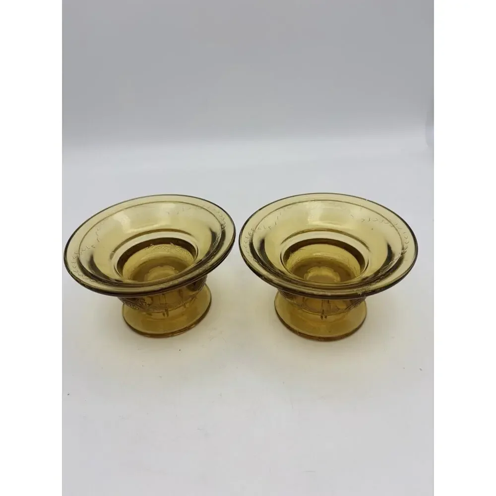 Federal Madrid Amber Depression Glass Votive Candle Holders Set Of 2 Vintage
